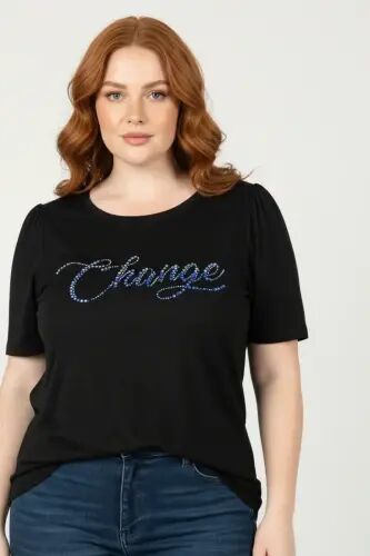 Büyük Beden Omuzları Büzgülü Taş Desenli T-shirt - 1