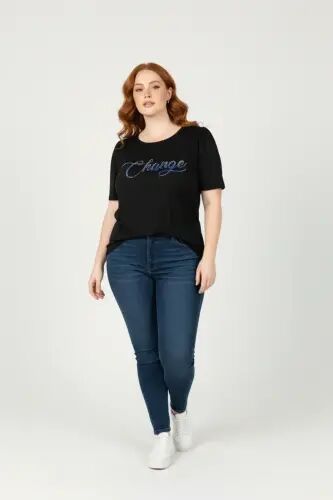 Büyük Beden Omuzları Büzgülü Taş Desenli T-shirt - Büyükbedeniz (1)
