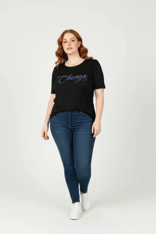 Büyük Beden Omuzları Büzgülü Taş Desenli T-shirt - 2