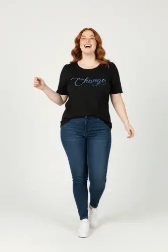 Büyük Beden Omuzları Büzgülü Taş Desenli T-shirt - 3