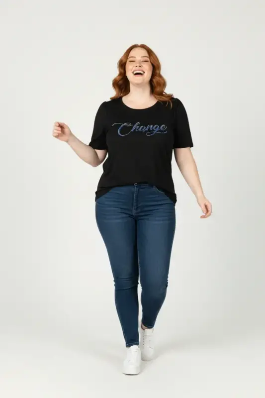 Büyük Beden Omuzları Büzgülü Taş Desenli T-shirt - 3