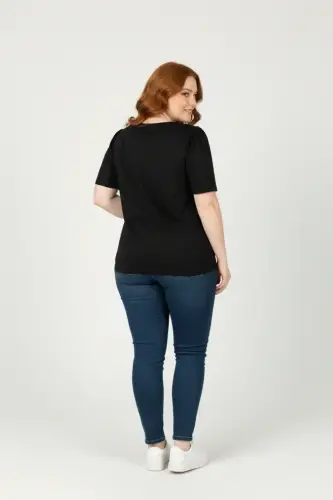 Büyük Beden Omuzları Büzgülü Taş Desenli T-shirt - 4