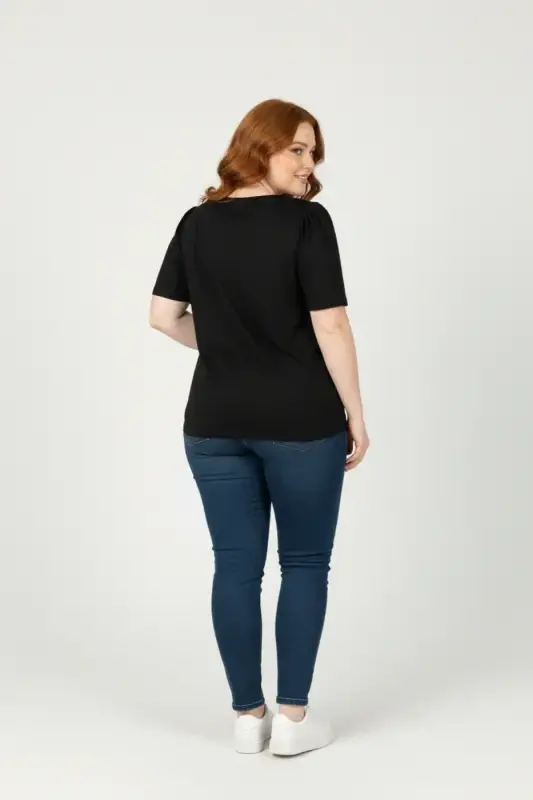 Büyük Beden Omuzları Büzgülü Taş Desenli T-shirt - 4