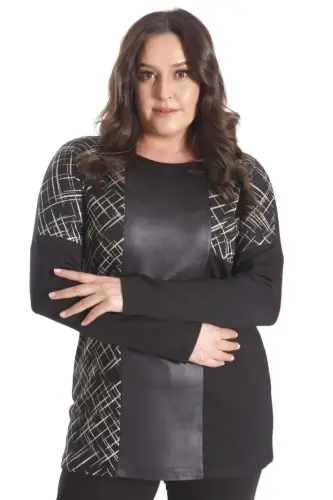 Büyük Beden Ön Deri Parçalı Garnili Siyah Bluz - 5