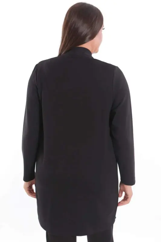 Büyük Beden Ön Deri Parçalı Taş Baskılı Siyah Hırka - 9