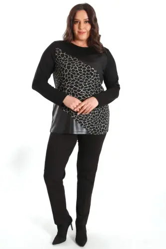 Büyük Beden Ön Parçalı Deri Garnili Siyah Bluz - 3