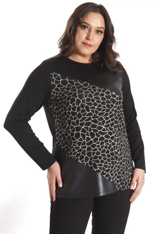 Büyük Beden Ön Parçalı Deri Garnili Siyah Bluz - 4