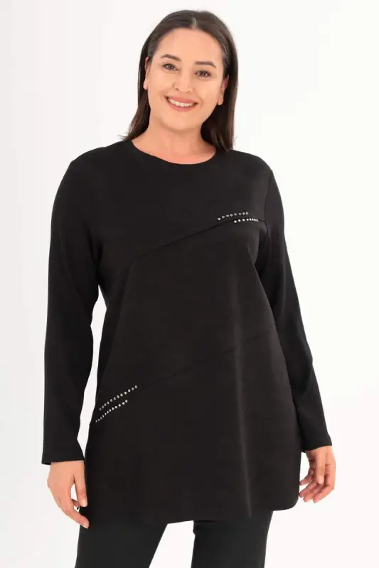 Büyük Beden Ön Süet Trok Baskılı Siyah Tunik - BÜYÜKBEDENIZ