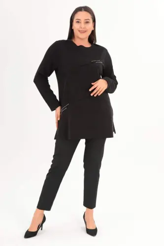 Büyük Beden Ön Süet Trok Baskılı Siyah Tunik - BÜYÜKBEDENIZ (1)