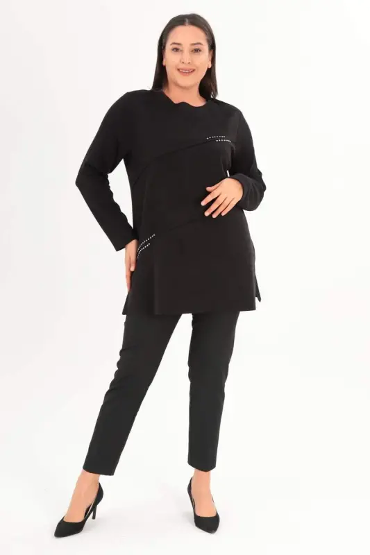 Büyük Beden Ön Süet Trok Baskılı Siyah Tunik - 2
