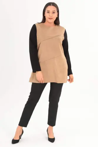 Büyük Beden Ön Süet Trok Baskılı Vizon Tunik - BÜYÜKBEDENIZ (1)