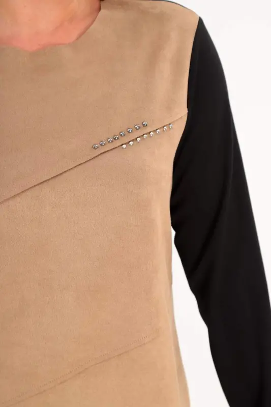 Büyük Beden Ön Süet Trok Baskılı Vizon Tunik - 4