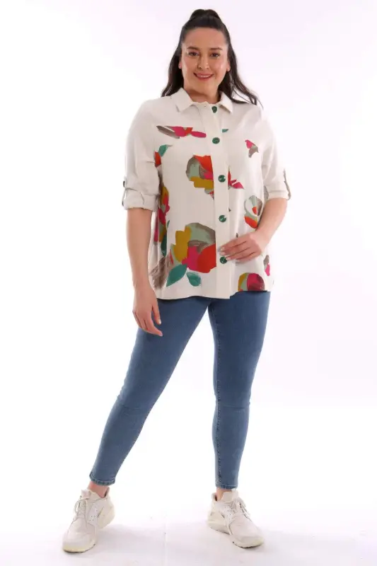 Angelino Büyük Beden Ön Yaprak Baskılı Ceket Yeşil - 2