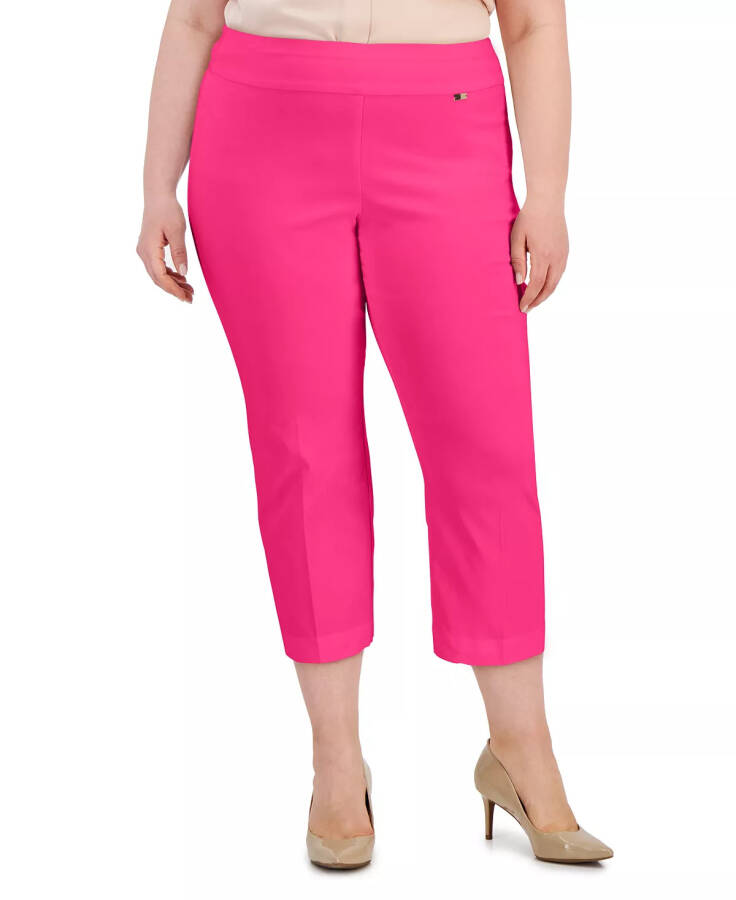 Büyük Beden Orta Bel Çekme Lastikli Kapri Pantolon, Modazone Pink Dragonfruit İçin Tasarlandı - 3