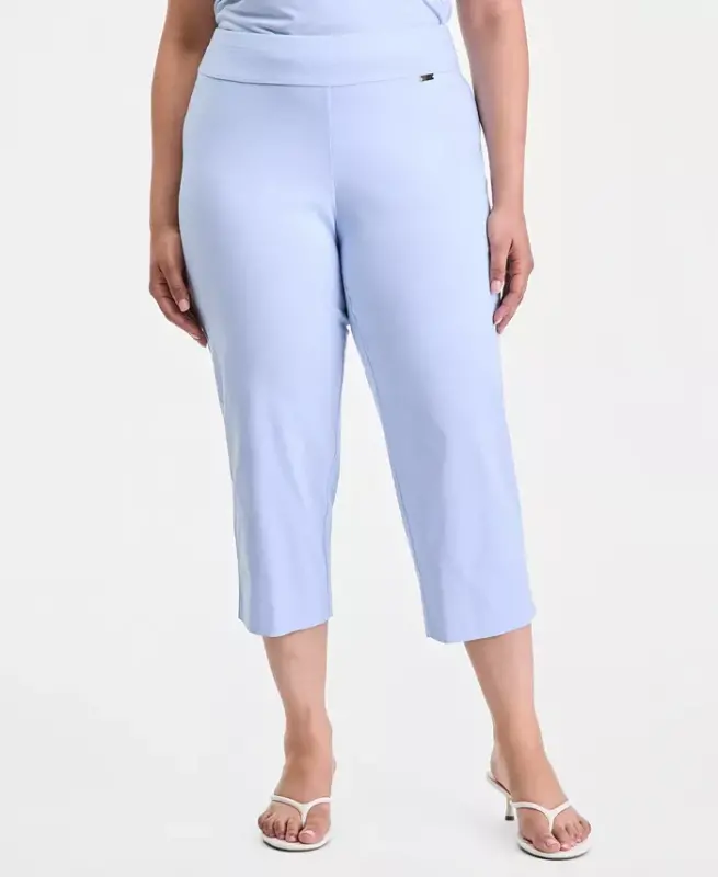 Büyük Beden Orta Bel Geçirmeli Capri Pantolon, Modazone için Üretilmiştir - Soluk Fransız Mavisi - 2