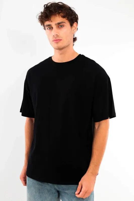 Angelino Büyük Beden Oversize Fit %100 Pamuk Siyah T-shirt - 10