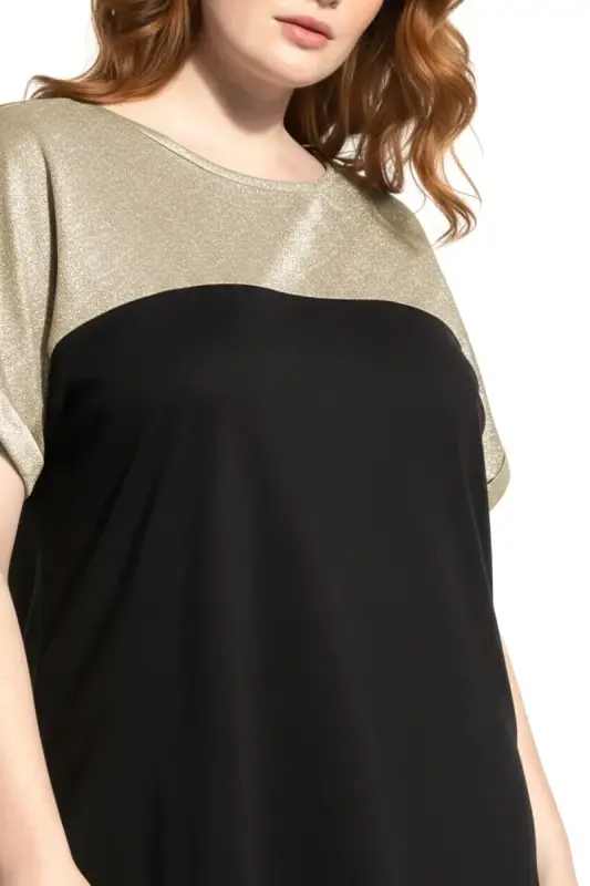 Büyük Beden Parlak Dokulu Gold Simli Renk Bloklu T-shirt - 2