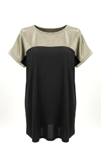 Büyük Beden Parlak Dokulu Gold Simli Renk Bloklu T-shirt - 5