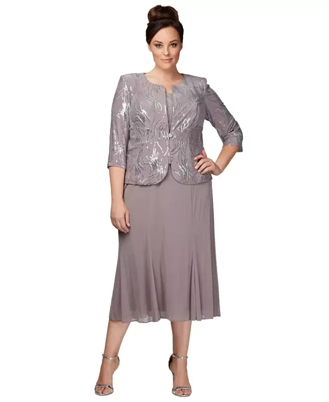 Plus Size Sequined Chiffon Dress and Jacket - Pewter Frost - ALEX EVENINGS