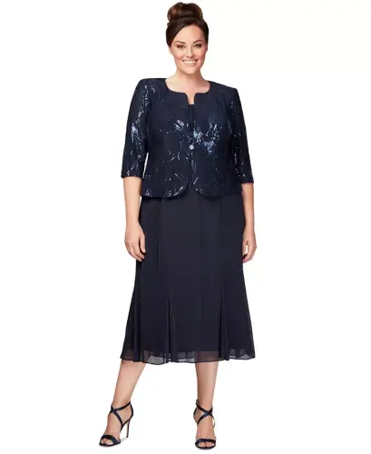 Plus Size Sequined Chiffon Dress and Jacket-Navy 