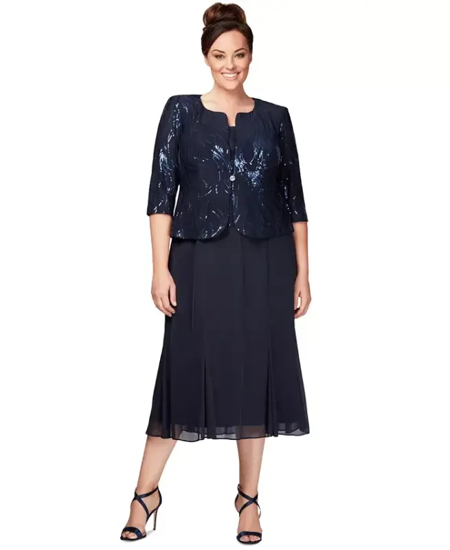 Plus Size Sequined Chiffon Dress and Jacket-Navy - ALEX EVENINGS