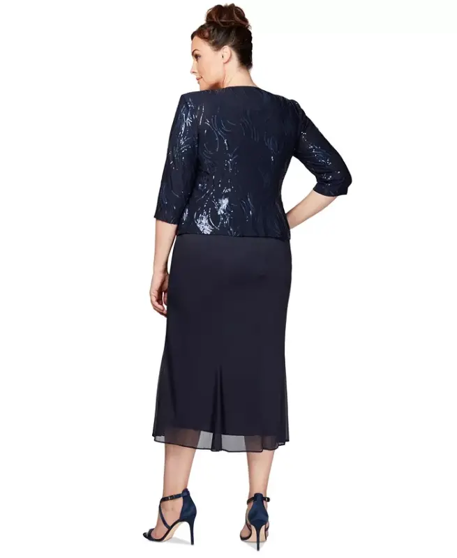 Plus Size Sequined Chiffon Dress and Jacket-Navy - 3