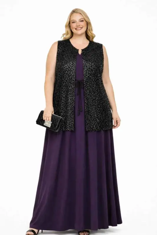 Büyük Beden Payetli Uzun Abiye Yelek – 100 cm İp Bağlama Detaylı Şık Payet Yelek 40-62 beden ND4028 - 2