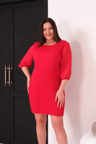 Büyük Beden Piliseli Şifon Elbise - KİREMİT 