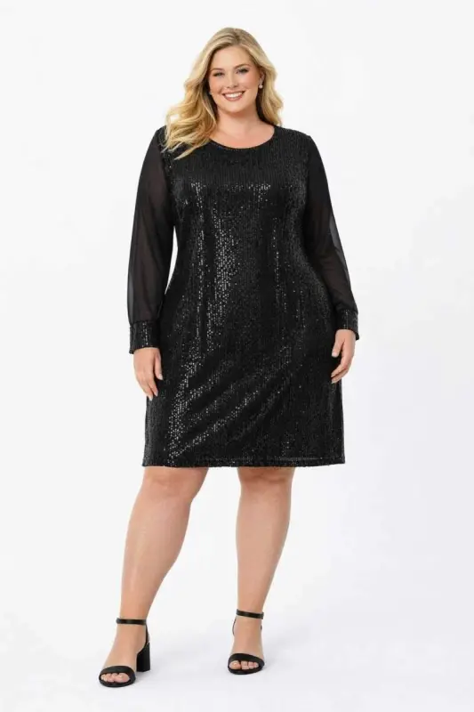 Büyük Beden Pul Payet Detaylı Bol Kesim Rahat Kalıp Kısa Abiye Elbise – Göbek Gizleyen Salaş Şık Davet Elbisesi ND4028 - 1