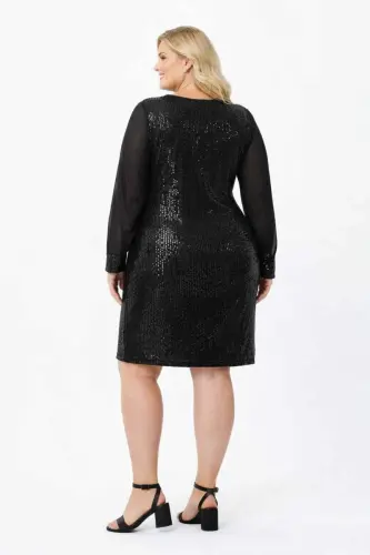 Büyük Beden Pul Payet Detaylı Bol Kesim Rahat Kalıp Kısa Abiye Elbise – Göbek Gizleyen Salaş Şık Davet Elbisesi ND4028 - 3