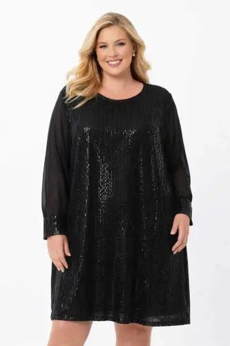 Büyük Beden Pul Payet Detaylı Bol Kesim Rahat Kalıp Kısa Abiye Elbise – Göbek Gizleyen Salaş Şık Davet Elbisesi ND4028 - 5