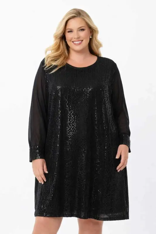 Büyük Beden Pul Payet Detaylı Bol Kesim Rahat Kalıp Kısa Abiye Elbise – Göbek Gizleyen Salaş Şık Davet Elbisesi ND4028 - 5