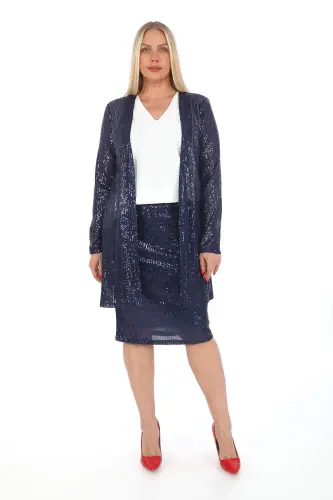 Büyük Beden Pul Payet Etek Ceket Bluz 3 Parça Takım Lacivert GLS5346 - 1