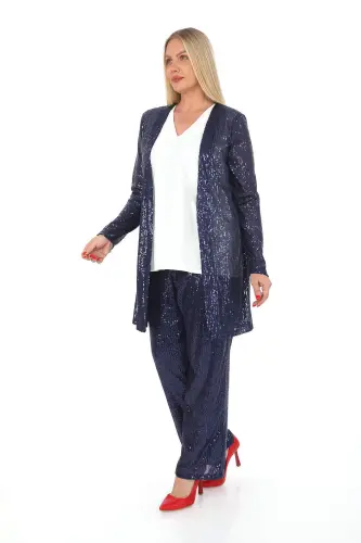 Büyük Beden Pul Payet Pantolon Ceket Bluz 3 Parça Takım Lacivert gls534 - BÜYÜKBEDENIZ (1)