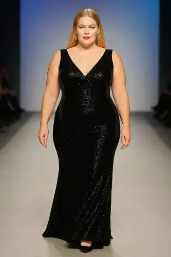 Büyük Beden Pul Payet V Yaka Uzun Abiye Elbise KL3098 Siyah - 8