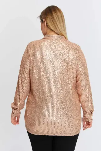 Büyük Beden Pul Payetli Gömlek Bronz - 6