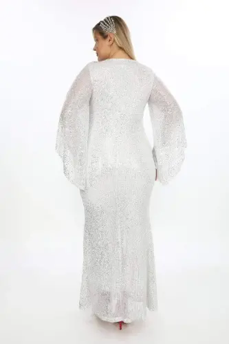 Büyük Beden Pul Payet Işıltı Abiye Elbise KL3100 Gümüş - 4