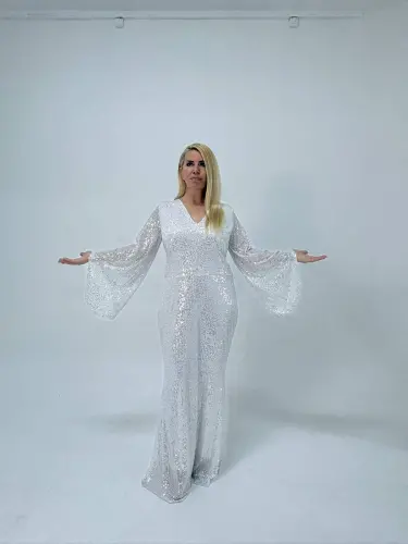 Büyük Beden Pul Payet Işıltı Abiye Elbise KL3100 Gümüş - 7