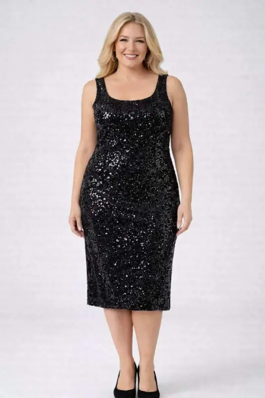 Büyük Beden Rahat Kalıp Payetli Midi Abiye Elbise Likralı Davet Elbisesi (40–62) ND4027 - BÜYÜKBEDENIZ