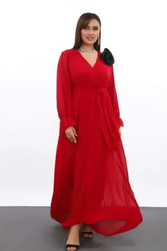 Büyük Beden Şifon Uzun Kırmızı Abiye Elbise Beli Kuşaklı KL3085 - 2