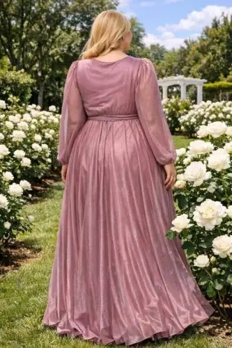 Büyük Beden Simli Uzun Kollu Abiye Elbise Pudra KL3047 - BÜYÜKBEDENIZ (1)