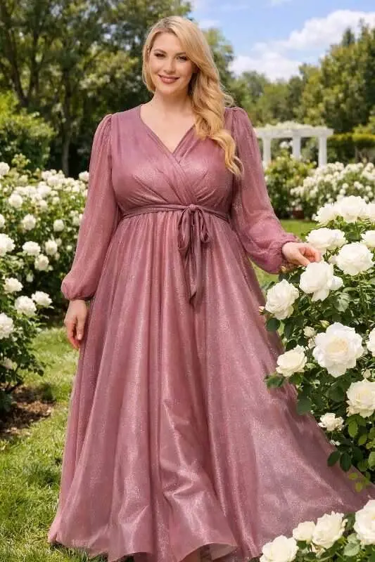 Büyük Beden Simli Uzun Kollu Abiye Elbise Pudra KL3047 - BÜYÜKBEDENIZ