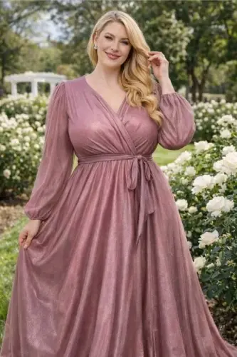 Büyük Beden Simli Uzun Kollu Abiye Elbise Pudra KL3047 - 3