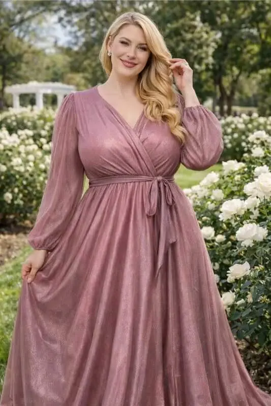 Büyük Beden Simli Uzun Kollu Abiye Elbise Pudra KL3047 - 3