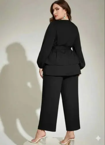 Büyük Beden Siyah Kuşaklı Bluz Pantolon Takım 62 Bedene Kadar Rahat Kesim Pantolonlu Kombin ND4033 - BÜYÜKBEDENIZ (1)