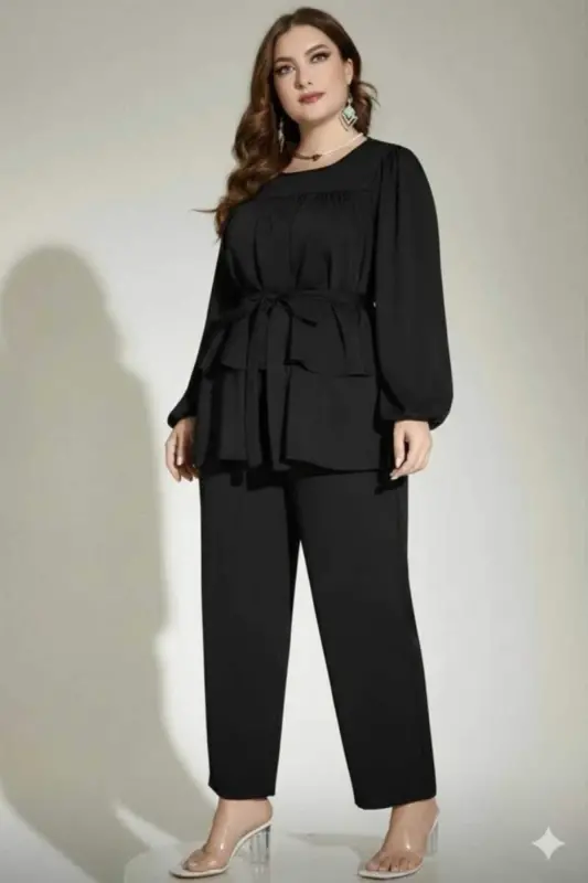 Büyük Beden Siyah Kuşaklı Bluz Pantolon Takım 62 Bedene Kadar Rahat Kesim Pantolonlu Kombin ND4033 - 1