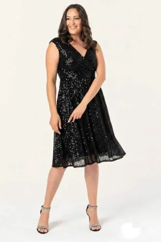 Büyük Beden Siyah Payetli Midi Abiye Elbise Kruvaze Yaka Mezuniyet Gece Elbisesi 40-62 ND7878 - 1