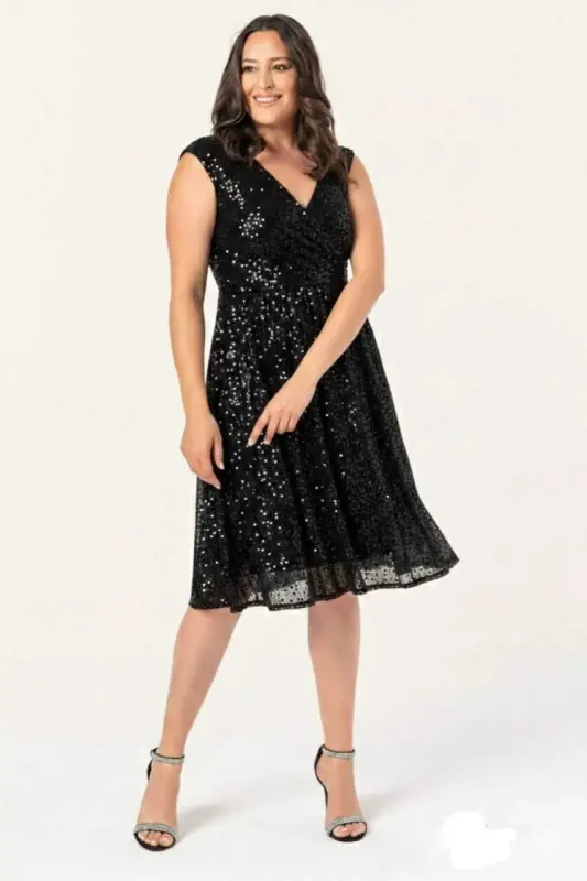 Büyük Beden Siyah Payetli Midi Abiye Elbise Kruvaze Yaka Mezuniyet Gece Elbisesi 40-62 ND7878 - 1