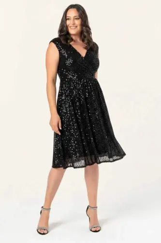 Büyük Beden Siyah Payetli Midi Abiye Elbise Kruvaze Yaka Mezuniyet Gece Elbisesi 40-62 ND7878 - BÜYÜKBEDENIZ (1)