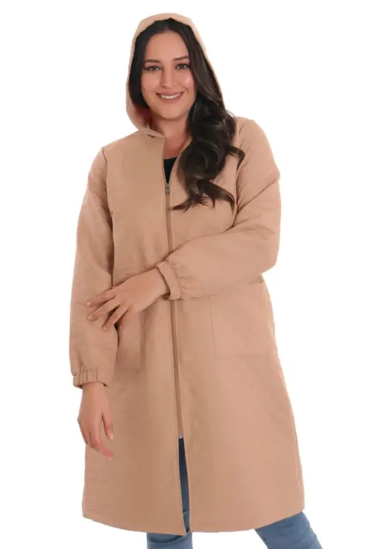 Angelino Büyük Beden Soğan Desen Fermuarlı Bej Kap - 2